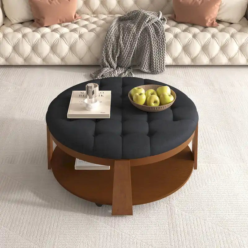 Round Ottoman Coffee Table with Storage Shelf and Wheels, 36 Diameter