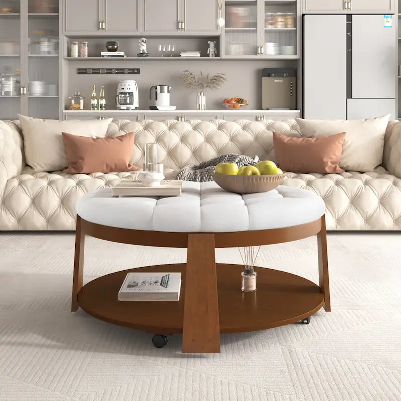 Round Ottoman Coffee Table with Storage Shelf and Wheels, 36 Diameter