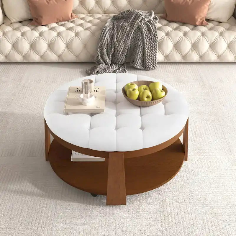 Round Ottoman Coffee Table with Storage Shelf and Wheels, 36 Diameter