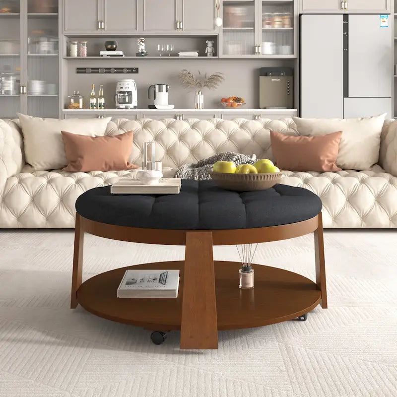Round Ottoman Coffee Table with Storage Shelf and Wheels, 36 Diameter