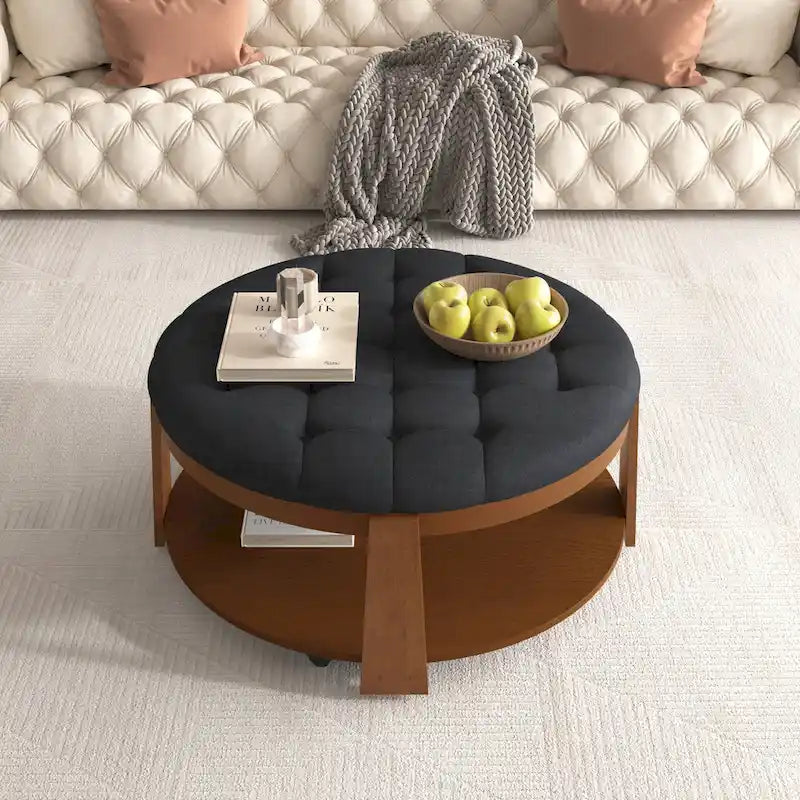 Round Ottoman Coffee Table with Storage Shelf and Wheels, 36 Diameter