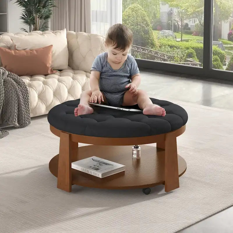 Round Ottoman Coffee Table with Storage Shelf and Wheels, 36 Diameter