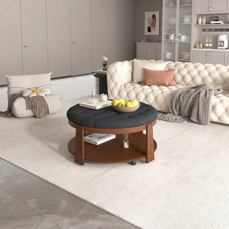 Round Ottoman Coffee Table with Storage Shelf and Wheels, 36 Diameter