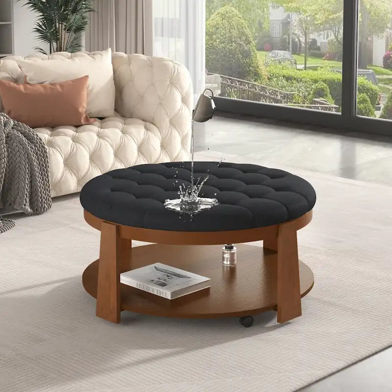Round Ottoman Coffee Table with Storage Shelf and Wheels, 36 Diameter