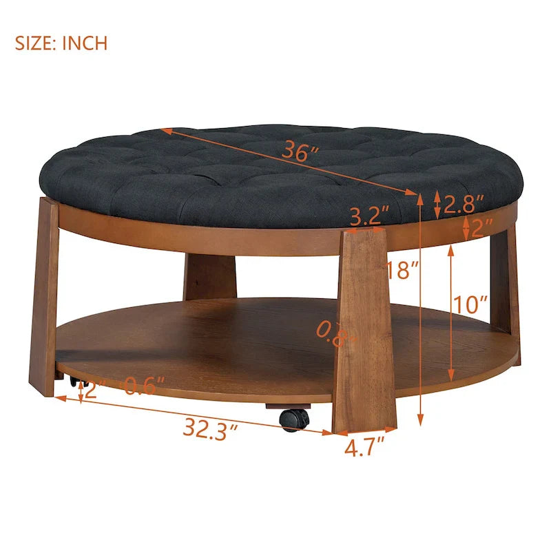Round Ottoman Coffee Table with Storage Shelf and Wheels, 36 Diameter