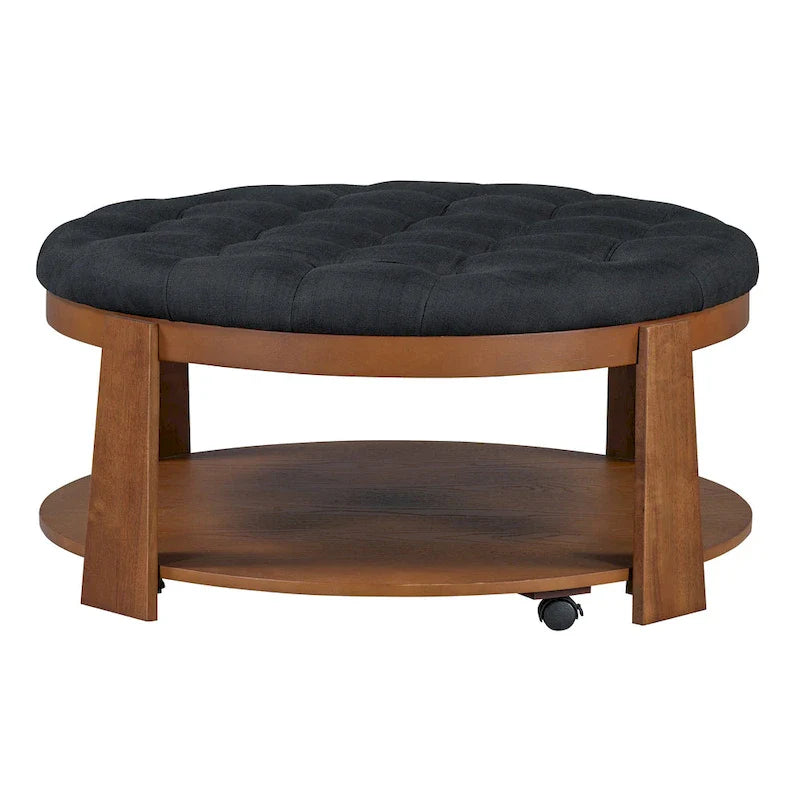 Round Ottoman Coffee Table with Storage Shelf and Wheels, 36 Diameter