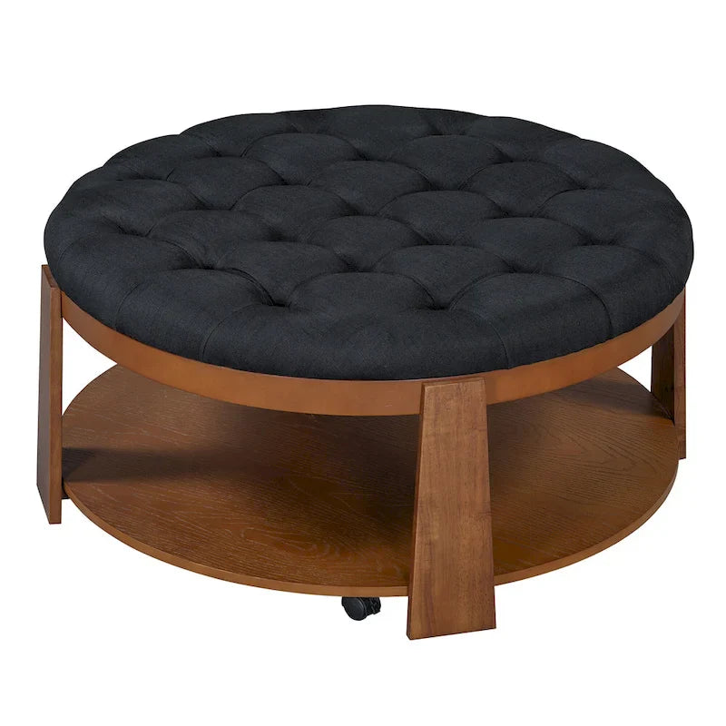 Round Ottoman Coffee Table with Storage Shelf and Wheels, 36 Diameter