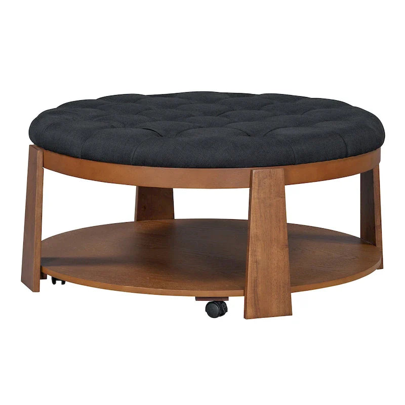Round Ottoman Coffee Table with Storage Shelf and Wheels, 36 Diameter