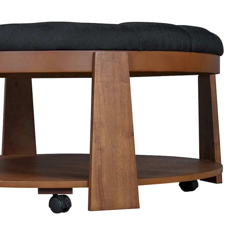 Round Ottoman Coffee Table with Storage Shelf and Wheels, 36 Diameter