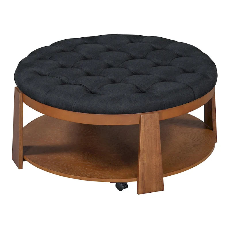Round Ottoman Coffee Table with Storage Shelf and Wheels, 36 Diameter