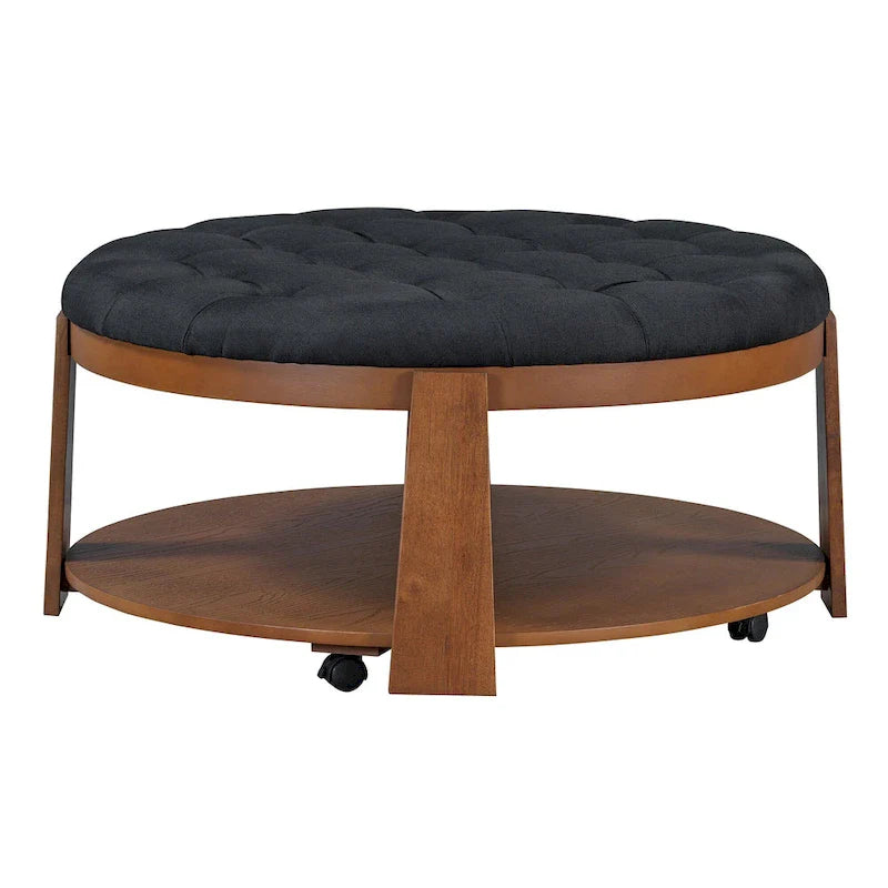 Round Ottoman Coffee Table with Storage Shelf and Wheels, 36 Diameter