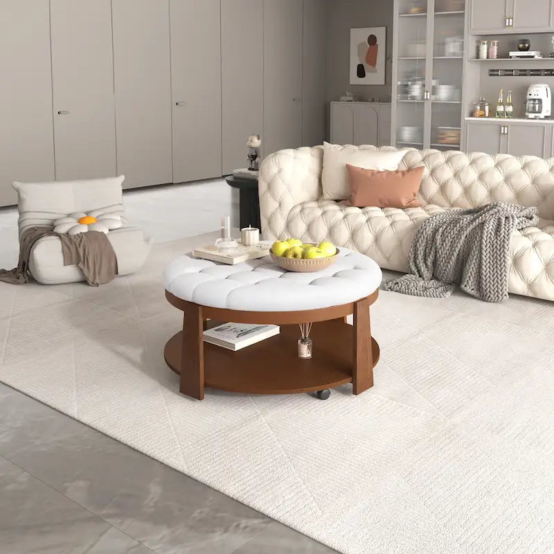Round Ottoman Coffee Table with Storage Shelf and Wheels, 36 Diameter