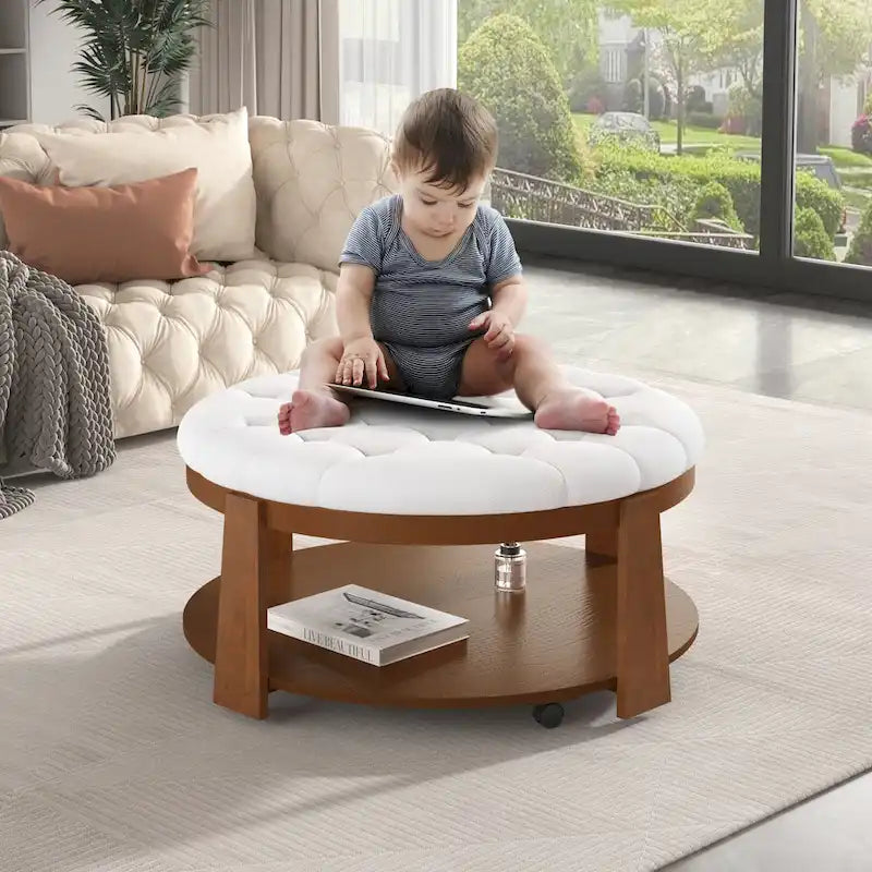 Round Ottoman Coffee Table with Storage Shelf and Wheels, 36 Diameter
