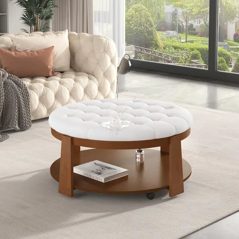 Round Ottoman Coffee Table with Storage Shelf and Wheels, 36 Diameter