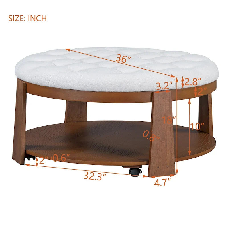 Round Ottoman Coffee Table with Storage Shelf and Wheels, 36 Diameter