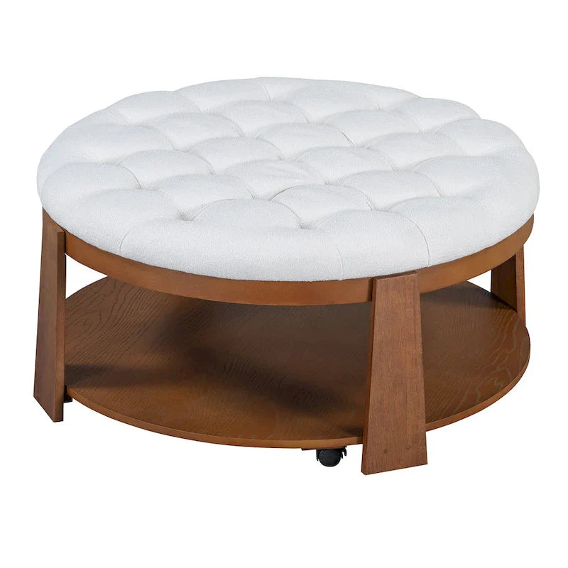 Round Ottoman Coffee Table with Storage Shelf and Wheels, 36 Diameter