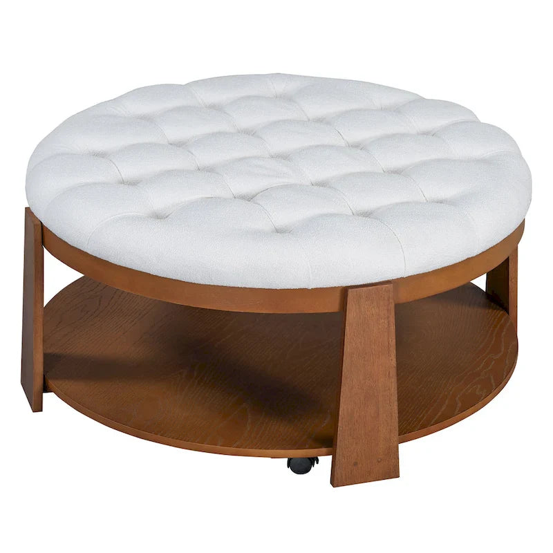 Round Ottoman Coffee Table with Storage Shelf and Wheels, 36 Diameter