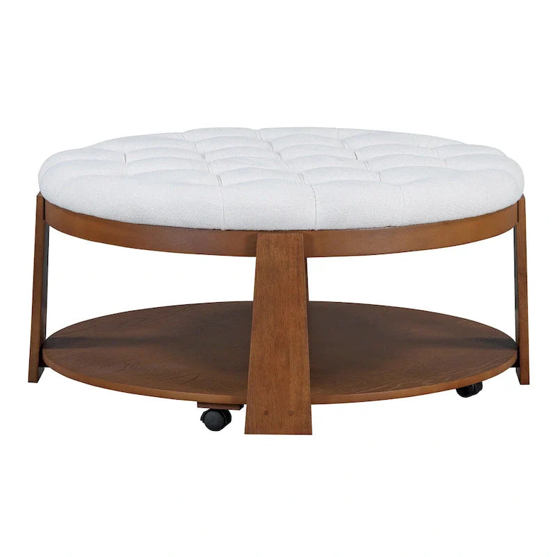 Round Ottoman Coffee Table with Storage Shelf and Wheels, 36 Diameter