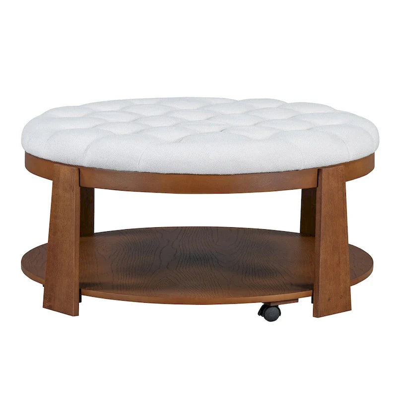 Round Ottoman Coffee Table with Storage Shelf and Wheels, 36 Diameter
