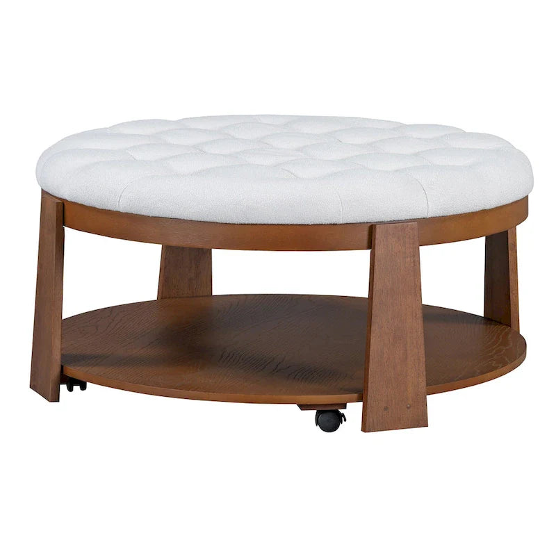 Round Ottoman Coffee Table with Storage Shelf and Wheels, 36 Diameter