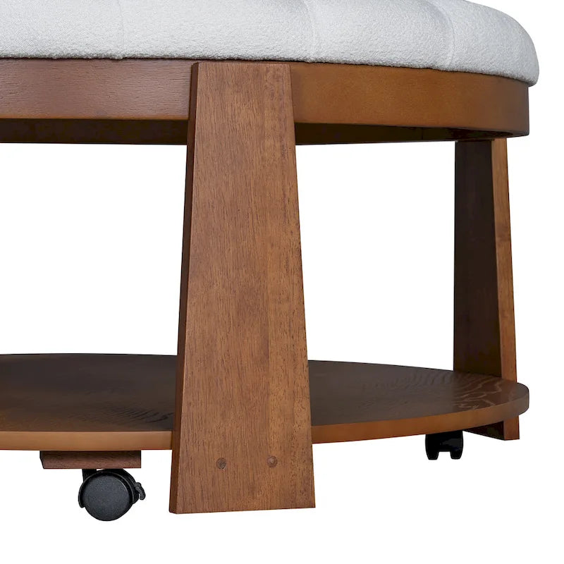 Round Ottoman Coffee Table with Storage Shelf and Wheels, 36 Diameter