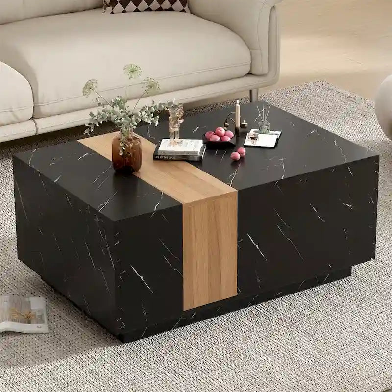Coffee Table with 2 Drawers – Faux Marble and Wood Grain Finish