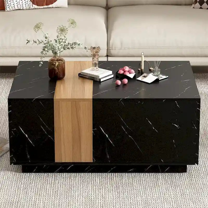 Coffee Table with 2 Drawers – Faux Marble and Wood Grain Finish