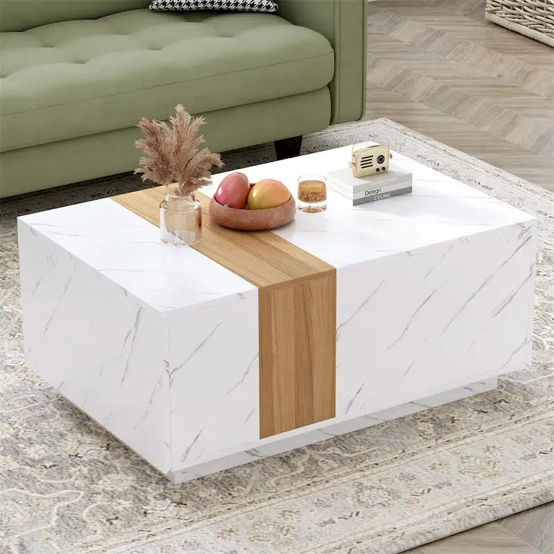 Coffee Table with 2 Drawers – Faux Marble and Wood Grain Finish