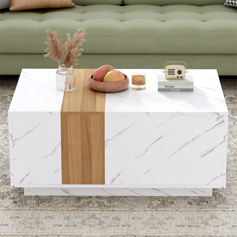 Coffee Table with 2 Drawers – Faux Marble and Wood Grain Finish