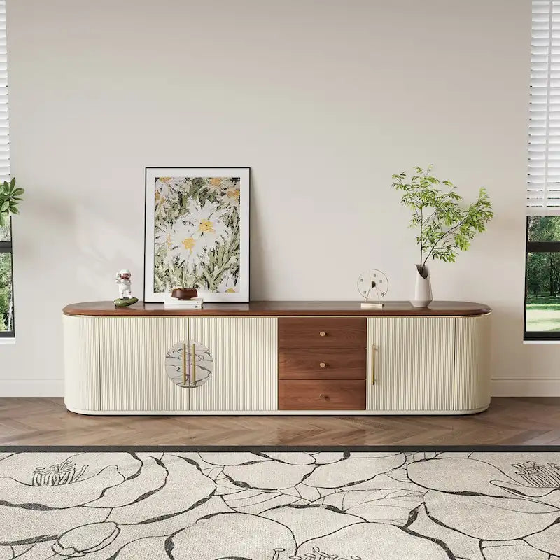 78.74-Inch TV Stand with Wood-Look Top, 5 Cabinets and 3 Drawers