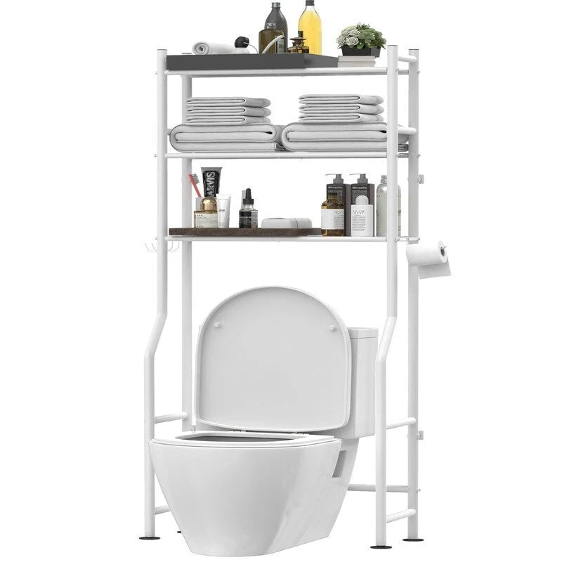 3-Tier Over-Toilet Storage Rack with 4 Hooks and Paper Holder, Carbon Steel, 26 x 8.6 x 64
