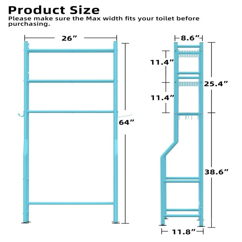 3-Tier Over-Toilet Storage Rack with 4 Hooks and Paper Holder, Carbon Steel, 26 x 8.6 x 64