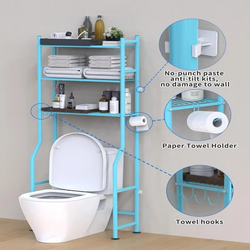 3-Tier Over-Toilet Storage Rack with 4 Hooks and Paper Holder, Carbon Steel, 26 x 8.6 x 64
