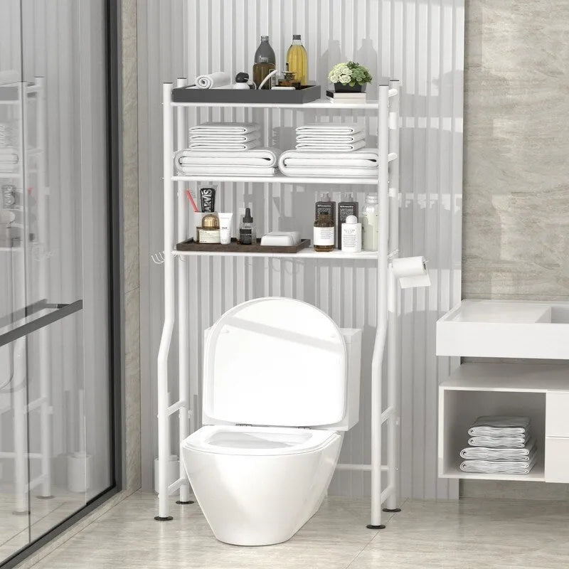 3-Tier Over-Toilet Storage Rack with 4 Hooks and Paper Holder, Carbon Steel, 26 x 8.6 x 64