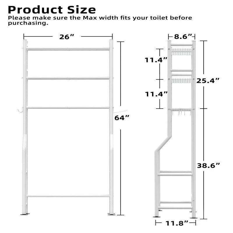 3-Tier Over-Toilet Storage Rack with 4 Hooks and Paper Holder, Carbon Steel, 26 x 8.6 x 64