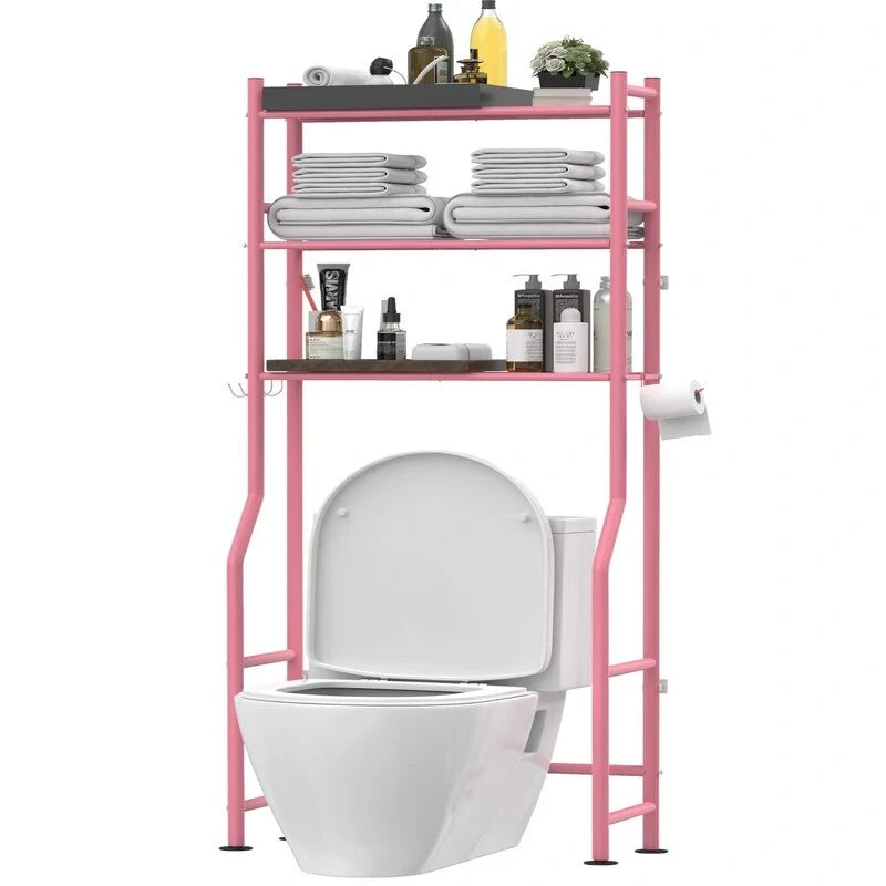 3-Tier Over-Toilet Storage Rack with 4 Hooks and Paper Holder, Carbon Steel, 26 x 8.6 x 64