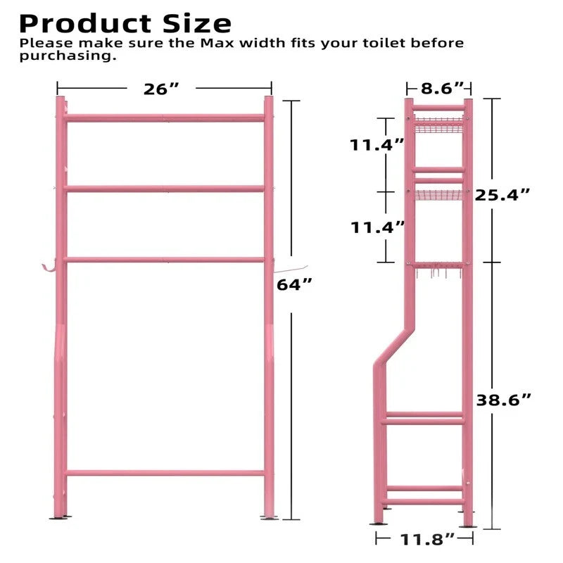 3-Tier Over-Toilet Storage Rack with 4 Hooks and Paper Holder, Carbon Steel, 26 x 8.6 x 64