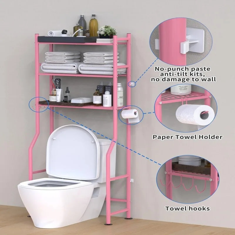 3-Tier Over-Toilet Storage Rack with 4 Hooks and Paper Holder, Carbon Steel, 26 x 8.6 x 64