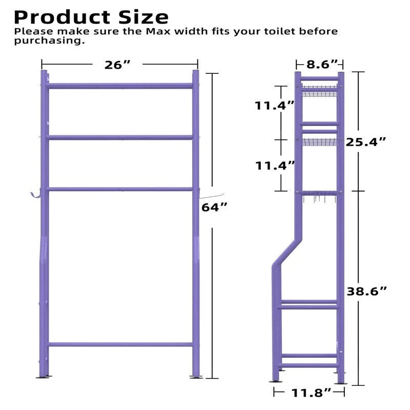 3-Tier Over-Toilet Storage Rack with 4 Hooks and Paper Holder, Carbon Steel, 26 x 8.6 x 64