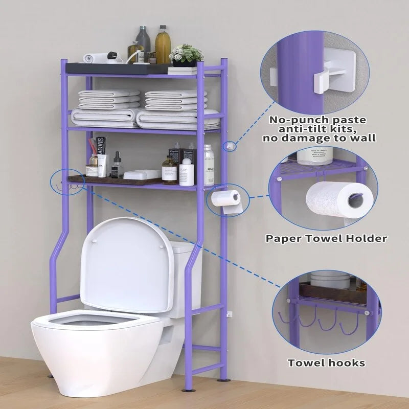 3-Tier Over-Toilet Storage Rack with 4 Hooks and Paper Holder, Carbon Steel, 26 x 8.6 x 64