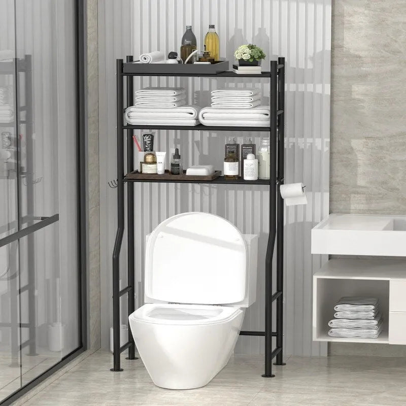3-Tier Over-Toilet Storage Rack with 4 Hooks and Paper Holder, Carbon Steel, 26 x 8.6 x 64