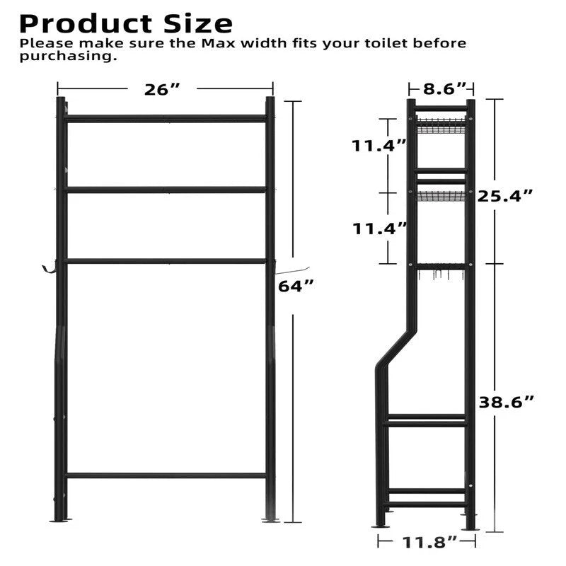 3-Tier Over-Toilet Storage Rack with 4 Hooks and Paper Holder, Carbon Steel, 26 x 8.6 x 64