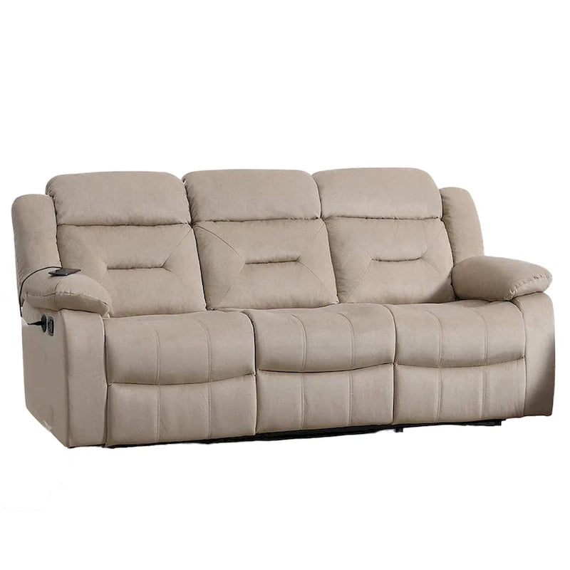 3-Seat Manual Recliner Sofa with USB Ports, Beige Velvet, 83 Inch