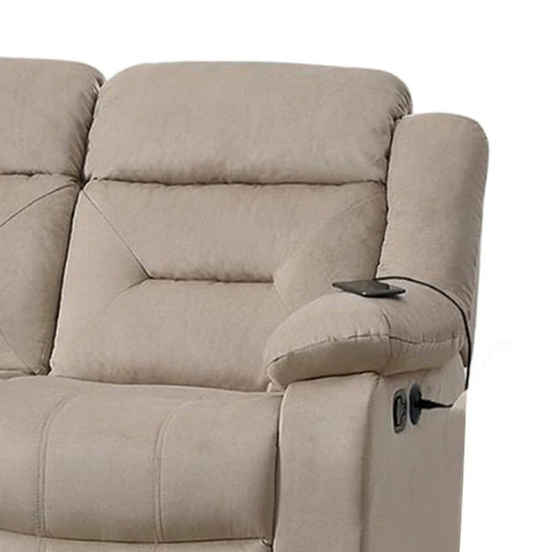 3-Seat Manual Recliner Sofa with USB Ports, Beige Velvet, 83 Inch