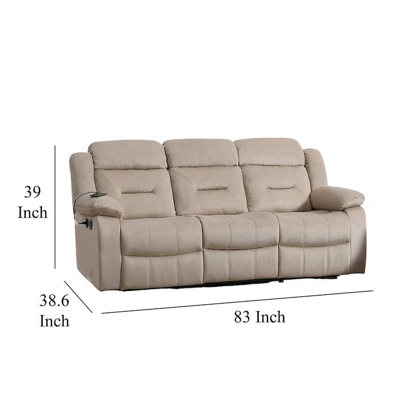 3-Seat Manual Recliner Sofa with USB Ports, Beige Velvet, 83 Inch