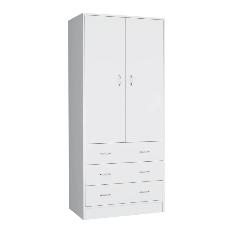 Double Door Wardrobe with 3 Drawers and Hanging Rod
