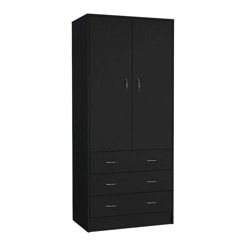 Double Door Wardrobe with 3 Drawers and Hanging Rod