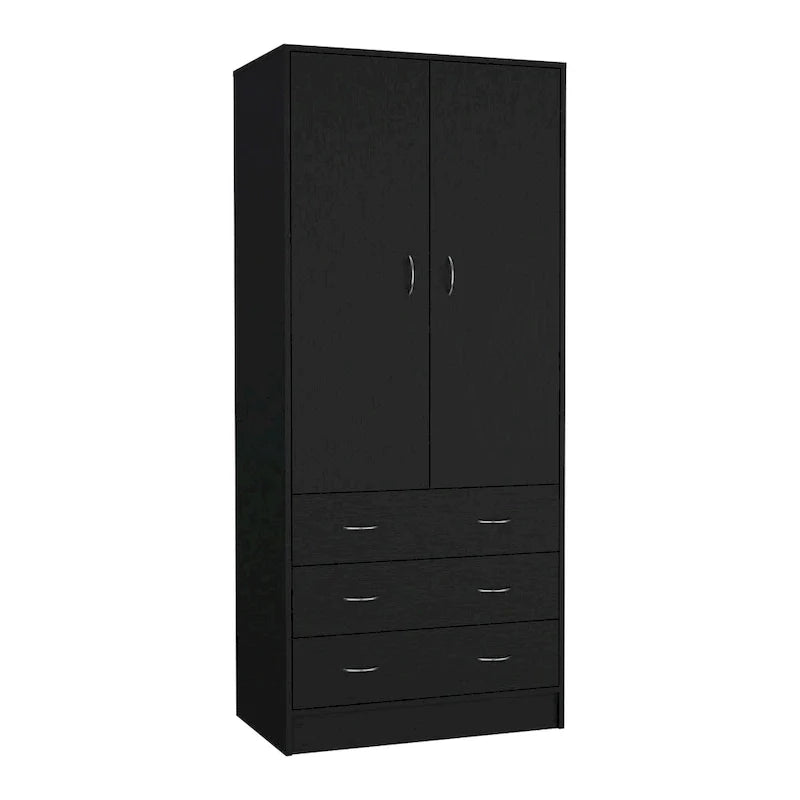 Double Door Wardrobe with 3 Drawers and Hanging Rod