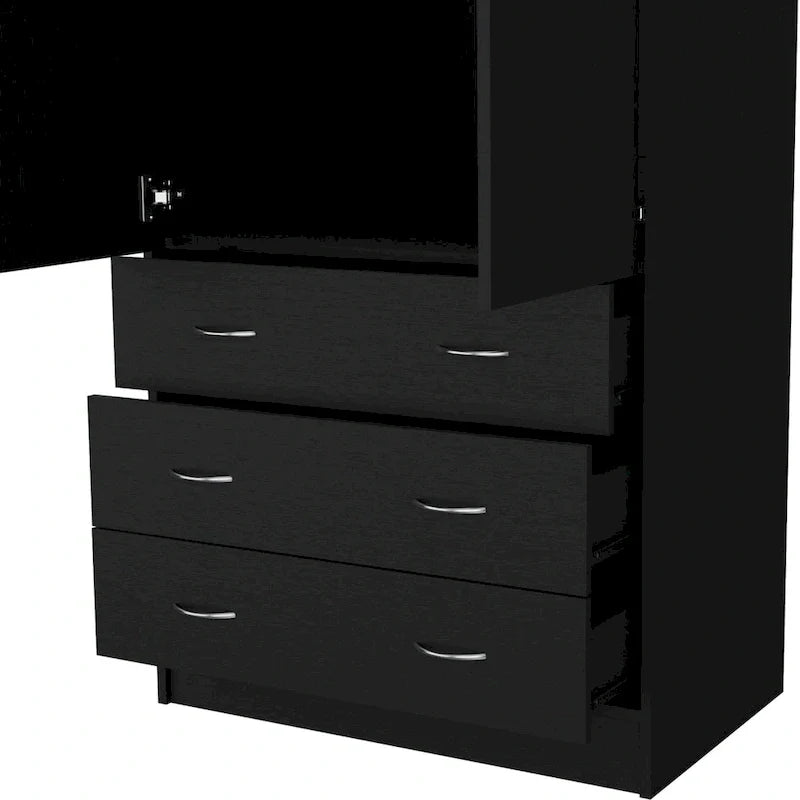 Double Door Wardrobe with 3 Drawers and Hanging Rod