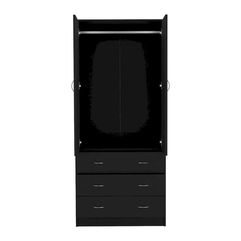 Double Door Wardrobe with 3 Drawers and Hanging Rod